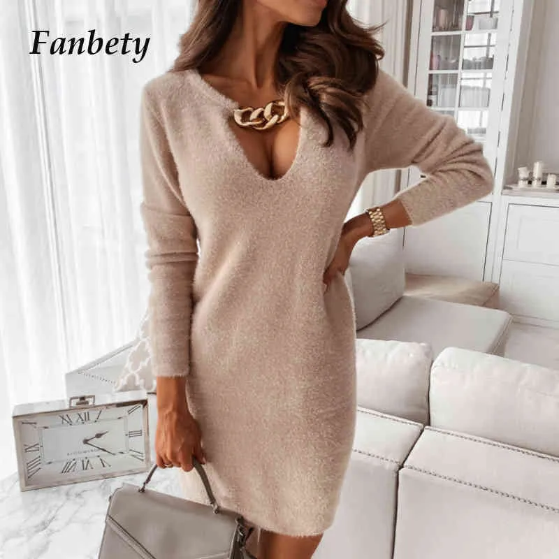 Eleganckie Casual Solid Fleece Ciepła Dress Zima Z Długim Rękawem Slim Mini Dress Kobiety Sexy V Neck Łańcuch Naszyjnik Party Dress Vestidos X0521