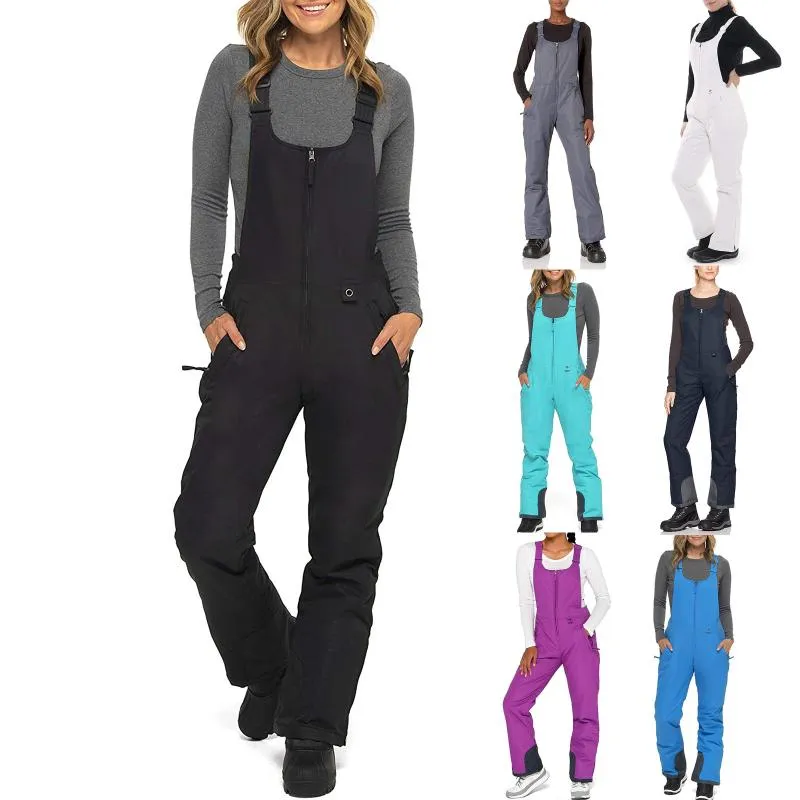 Women's Solid Color Pocket Jumpsuit With Suspenders And Trousers Ski Pants Ladies One-piece & Capris