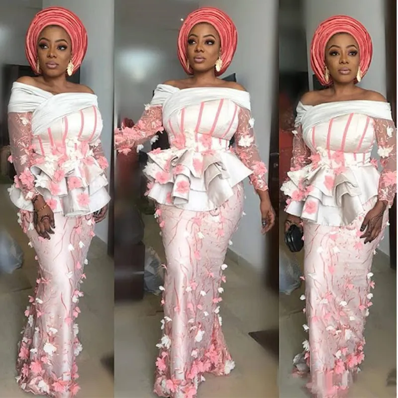 Nigerianische Spitzen-Meerjungfrau-Abendkleider Illusion Rüschen Mieder Aso Ebi-Stil Party-Abschlussballkleider 3D-Applikationen Langarm-Abendkleider