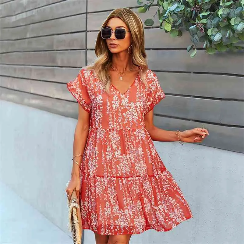 Summer Floral Printed Holiday Wommen Dress Sex V Neck Short Sleeve A Line Perfectly Flaunt A Kind Of Pure Sweet Style Dress 210630