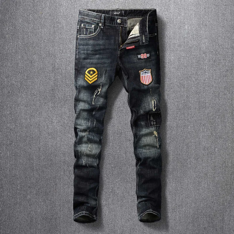 Mode Streetwear Männer Jeans Retro Schwarz Blau Slim Fit Zerrissene für Patches Designer Elastische Baumwolle Hip Hop Denim Hosen 0SCK