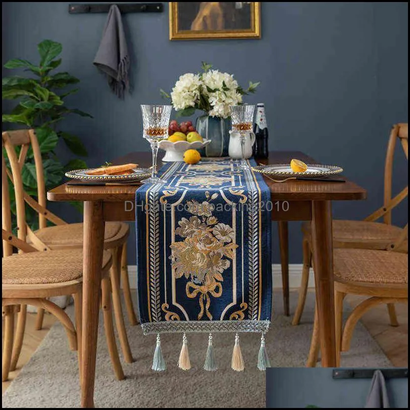Table Runner Luxury Nordic Modern Flower Embroidery Dinning Table Decoration Tassel Home Party Coffee Table Desk Decor Textile 220107
