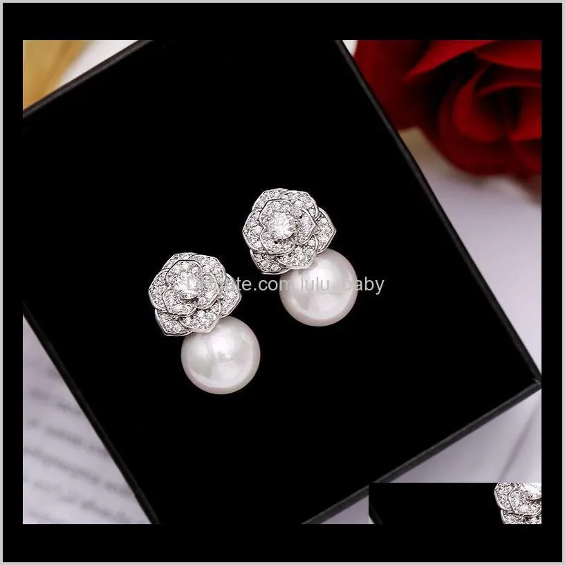 lovely diamond zircon camillia flower pearl stud earrings for woman girls super glittering ins fashion luxury designer 925 silver post