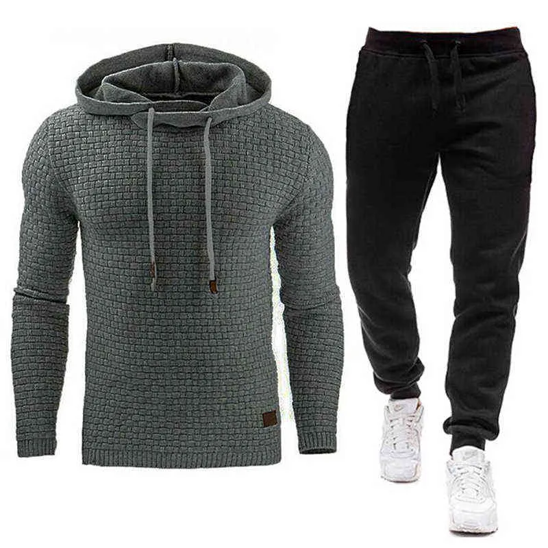 Trainingspak Mannen Merk Mannelijke Solid Hooded Sweatshirt + Broek Set Mens Hoodie Sweat Pak Casual Sportswear S-5XL 211106