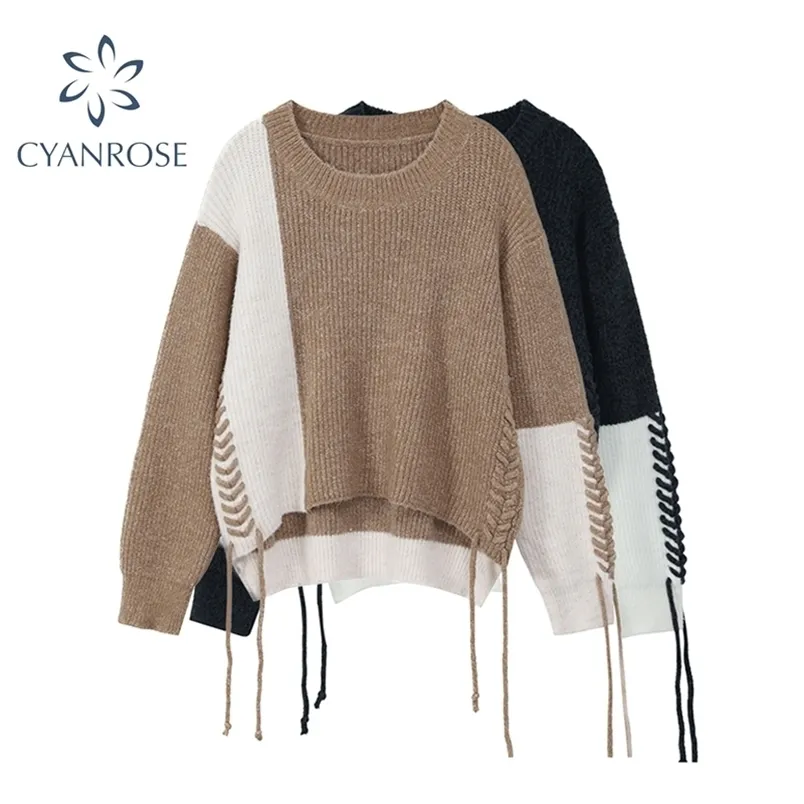 Winter Sweater Women Spliced Knitted Pullover Female O-neck Fashion Lace Up Long Sleeve Jumpers Warm Knitwear Tops Lady 210515