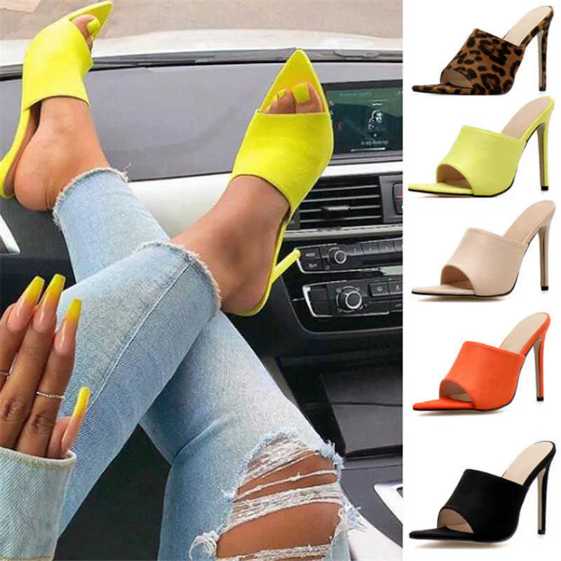 Pekade Toe High Heel Slippers High Heel Tofflor Sandaler Kvinna Skor Sandalias Candy Orange Blå Svart Gul 2020 Sommar Ny Y0721