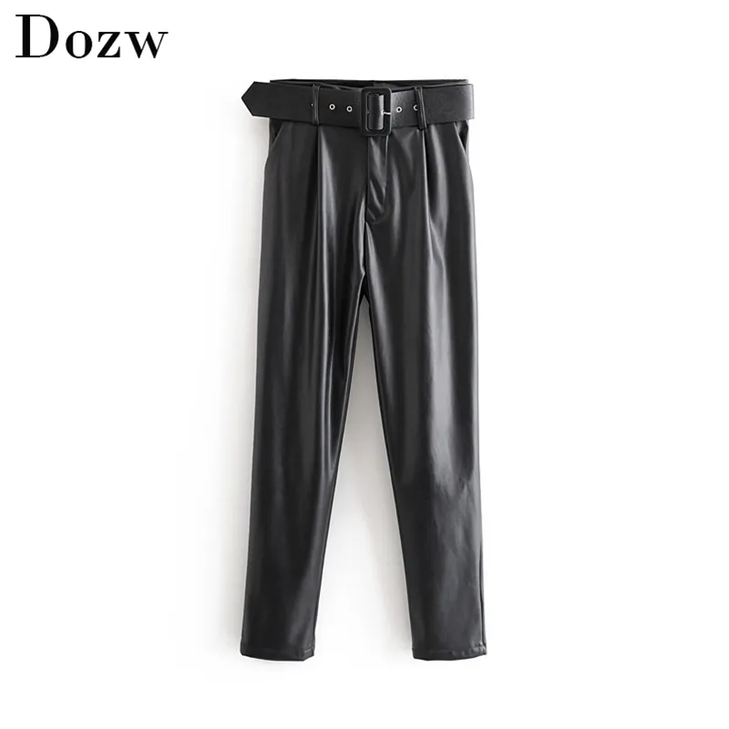 Kobiety Chic Black PU Faux Skórzane Spodnie Moda Wysoka Talia Kieszenie Panie Biurowe Spodnie z Pas Casual Plised Dna 210515