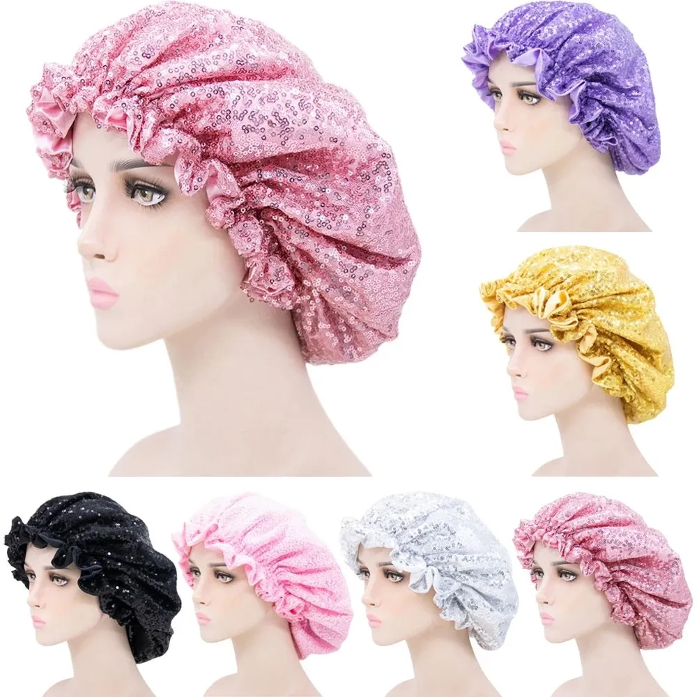 Satin Bonnet Hair Caps Sequins Double Layer Justera Sleep Night Cap Head Cover Hat för Curly Springy Hair Styling Tillbehör