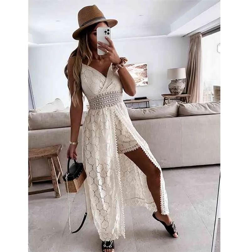 Sexy Hollow Out White Lace Rompers Playsuit Women Summer Sleeveless Strap Overalls Beach Holiday Romper Jumpsuit 210427