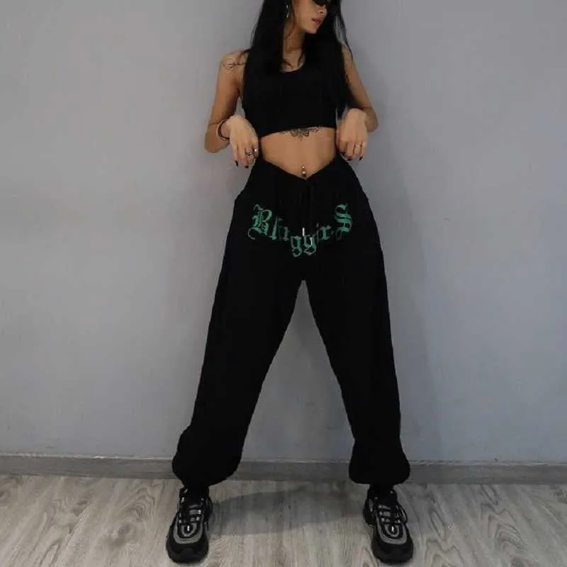 QWEEK Gothic Streetwear Pantaloni sportivi da jogging Donna Pantaloni sportivi neri oversize Harajuku Pantaloni sportivi grigi Pantaloni Emo per donna 211006