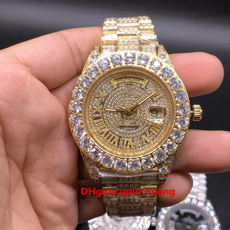 Luxe 43mm klauw bezel grote diamanten automatische man horloge, hoogwaardige roestvrij staal CZ volledig iced out diamond rome markers golden shell herenhorloges