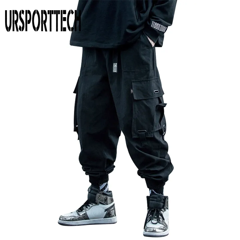 Ursporttech Black Cargo Byxor Män Hip Hop Höst Harem Pant Streetwear hajuku jogger sweatpant bomull byxor manliga byxor 210616