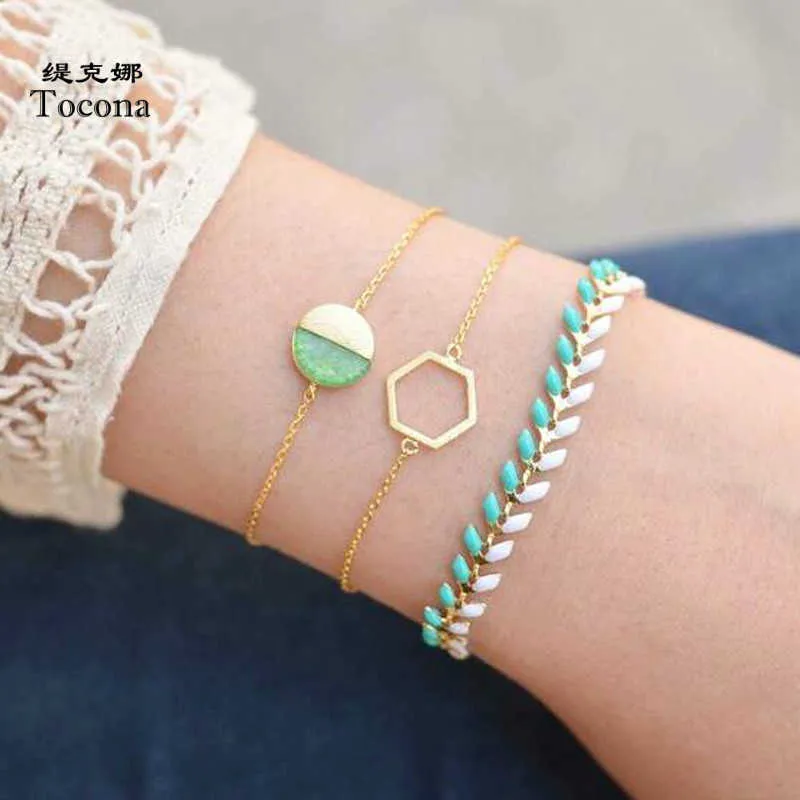 Tocona 새로운 패션 3pcs / 팔찌 골드 컬러 중공 기하학적 모양 디자인 체인 Bangles 여성용 숙녀 보석 3485 Q0719