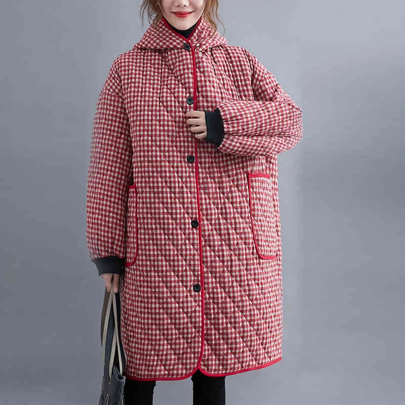 Johnature Women Casual Plaid Hooded Winter Parkas Varma Koreanska Stilrockar Fickor Tjockerad Kvinna Parkas Coat 210521