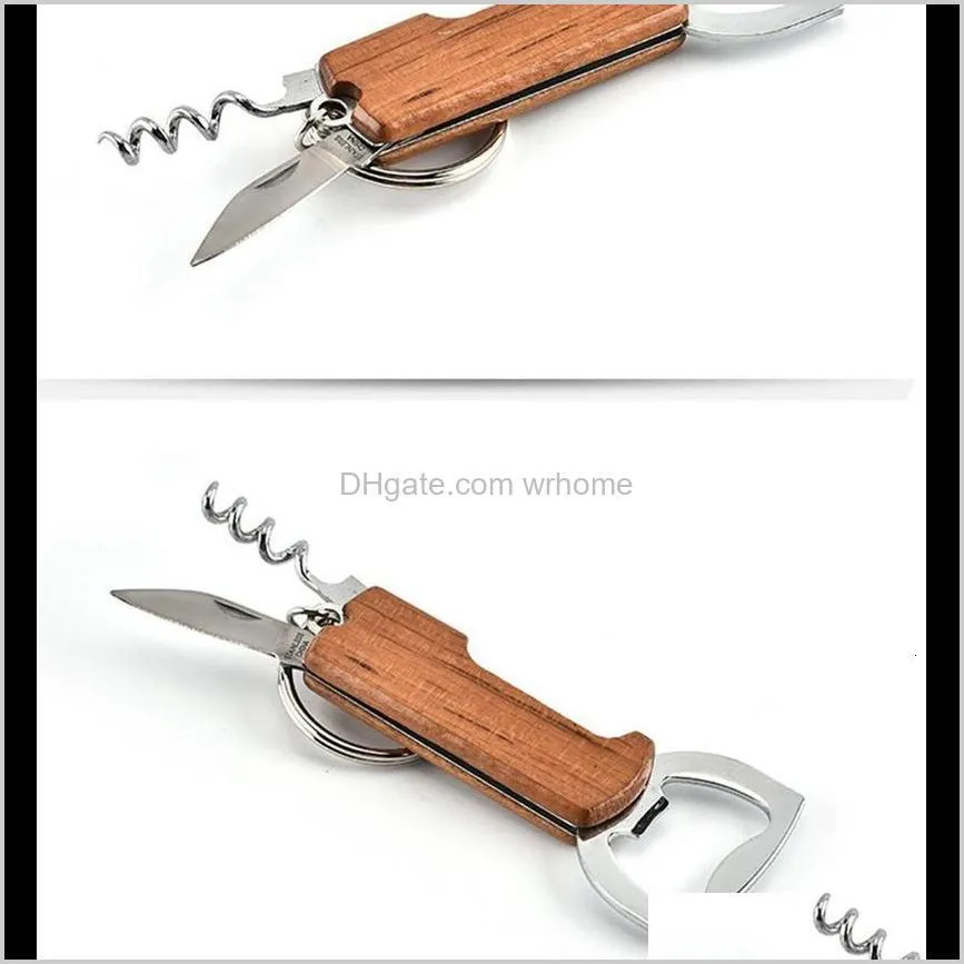 factory price opener knife wooden keychain handle pulltap bottle double hinged corkscrew stainless steel key ring opener