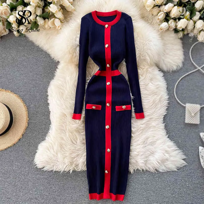 Robe tricotée chaude coréenne Femmes O Cou à manches longues Robe crayon moulante Automne Hiver Mode Slim Streetwear Robes 210419