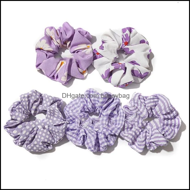Purple Series Scrunchie Plaid Striped Hair Ties Bands Flower Dots Print Elastic Hair Rubber Bands Women Girls Hair Accessories