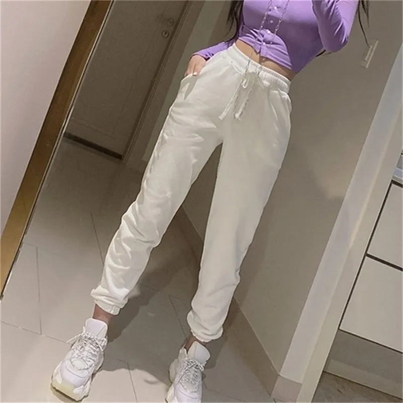 The day send spring in South Korea with pure cotton and comfortable ivory white casual sport height of tall waist trousers women 210423