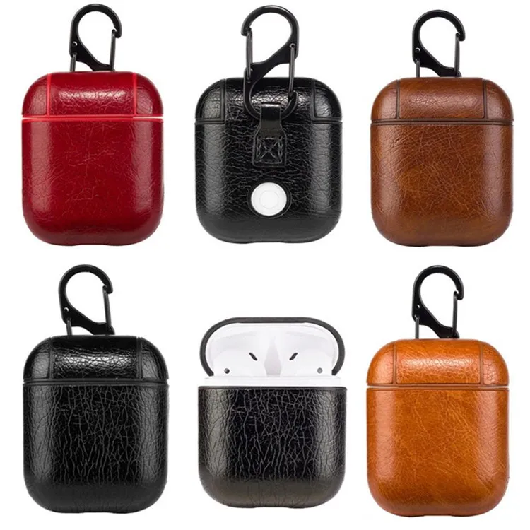 För airpods Fodral Skyddskåpa PU Läder Hook Clasp Keychain Anti Lost Fashion Headphoens Apple Airpod Earphone Case Protector