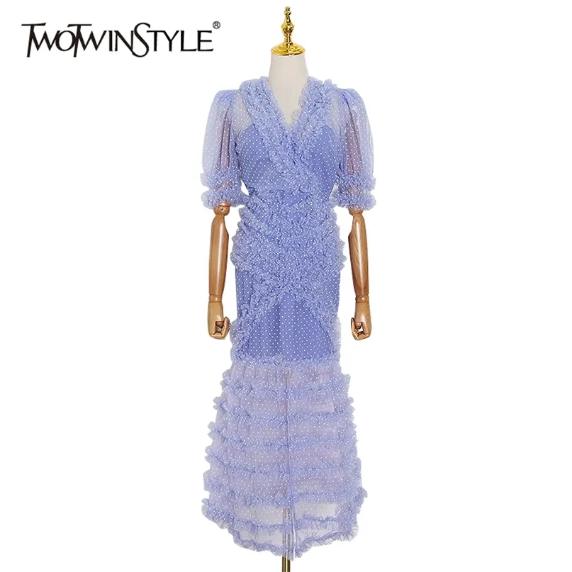 Polka Dot Mesh Patchwork Dress For Women V Neck Puff Sleeve Hit Color Lace Elegant Dresses Female Summer 210520