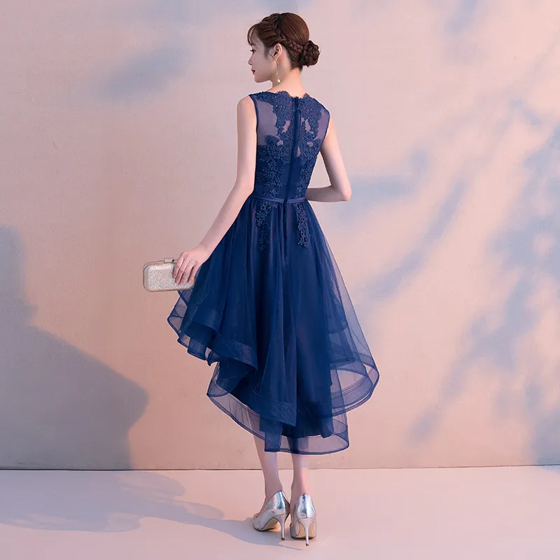 Navy Blue Lace short evening gowns with O-Neck and Sleeveless - Perfect for Parties and Special Occasions