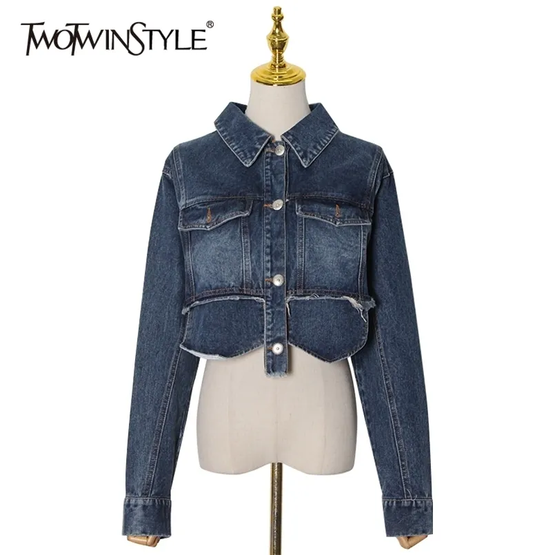 Solide Denim Veste Pour Femmes Revers À Manches Longues Patchwork Poche Court Tops Femme Mode Vêtements Printemps 210524