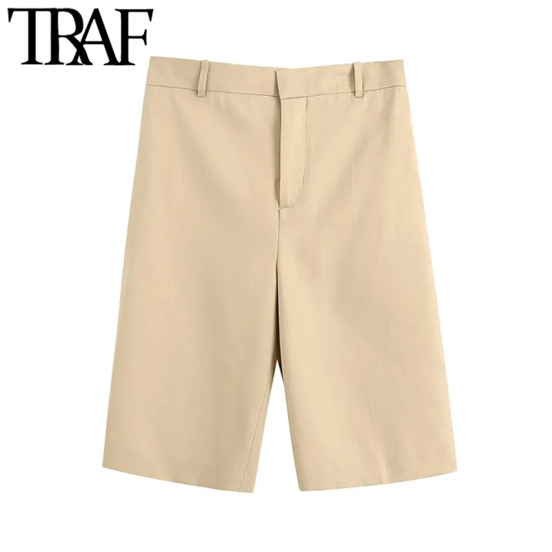 TRAF Women Chic Fashion Office Wear Side Pockets Straight Shorts Vintage High Waist Zipper Female Short Pans Mujer 210415