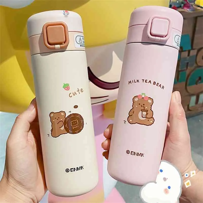 350 / 450ml Niedźwiedź Thermos Butelka Kubek Cartoon Cute Dzieci Dziewczyny Chłopiec Odbijający Butelka Wody 304 Próżnia ze stali Nierdzewnej Puchaski 210913