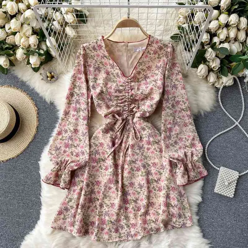 French Spring Drawstring Pleated Slim V-neck Sweet Flower Print A-Line Dresses for Women 210615