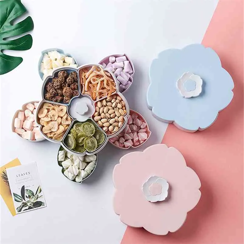 Colorful Flower Design Double-deck Rotary Storage Box Fruit Snack Candy Organizer for Food Container Bins 210423