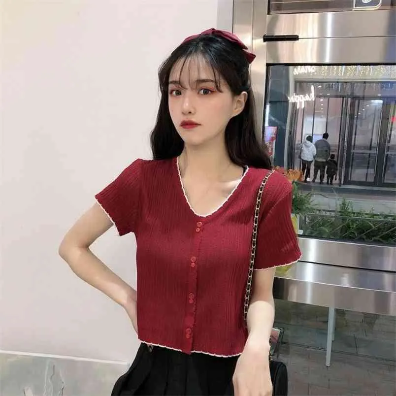 Gebreide vrouwen Zomer Tee Shirt Zoete V-hals Korte Mouw Button Up Flounce Hem Slanke T-shirts Casual Streetwear Crop Tops Vestidos 210522