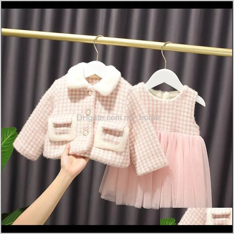 Set Abbigliamento Bambino, Maternità Drop Delivery 2021 Inverno Neonate Dolce Plaid + Giacca Caldo Abito Soffice Moda Collo di Pelliccia Vestito da Principessa