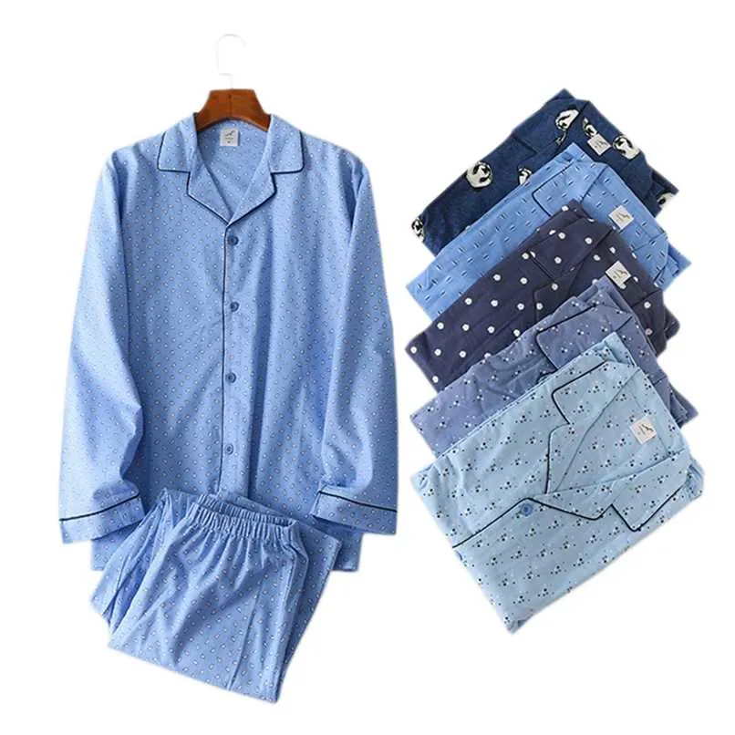 Vinter Enkel 100% Bomull Pyjamas Set Män Sleepwear Plus Size Japanska Casual Långärmad Byxor Pyjamas Män 211110