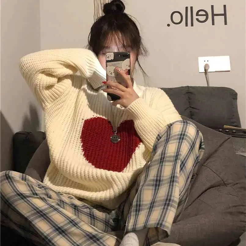 Koreansk vinter söt hjärtformad mönstertröja vintage harajuku stil full ärm pullovers lös stickning casual 210914