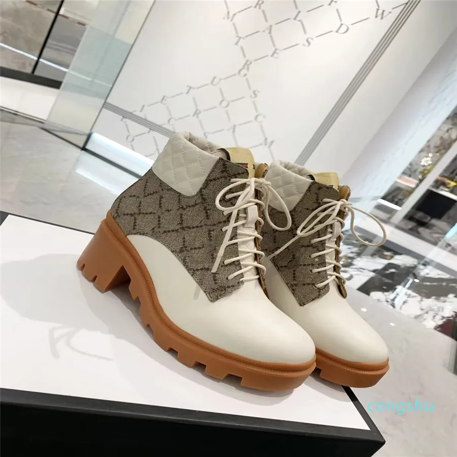 Botas de moda de doble G para mujer, botines de mujer de alta calidad que combinan suela dentada con cierre de cordones y detalle de piel acolchada en el