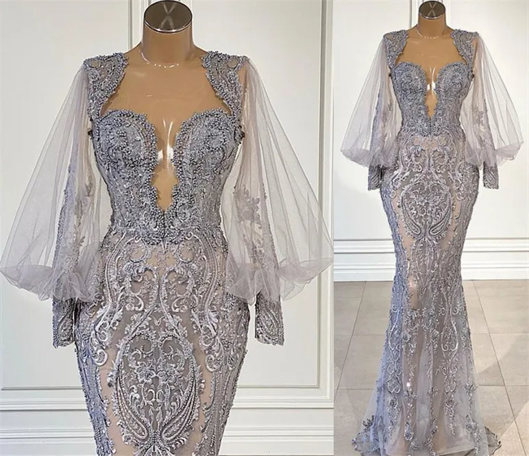 2021 Plus Storlek Arabisk Aso Ebi Mermaid Lace Beaded Prom Klänningar Sheer Neck Långärmad Kväll Formell Party Andra receptionen Gäster ZJ266