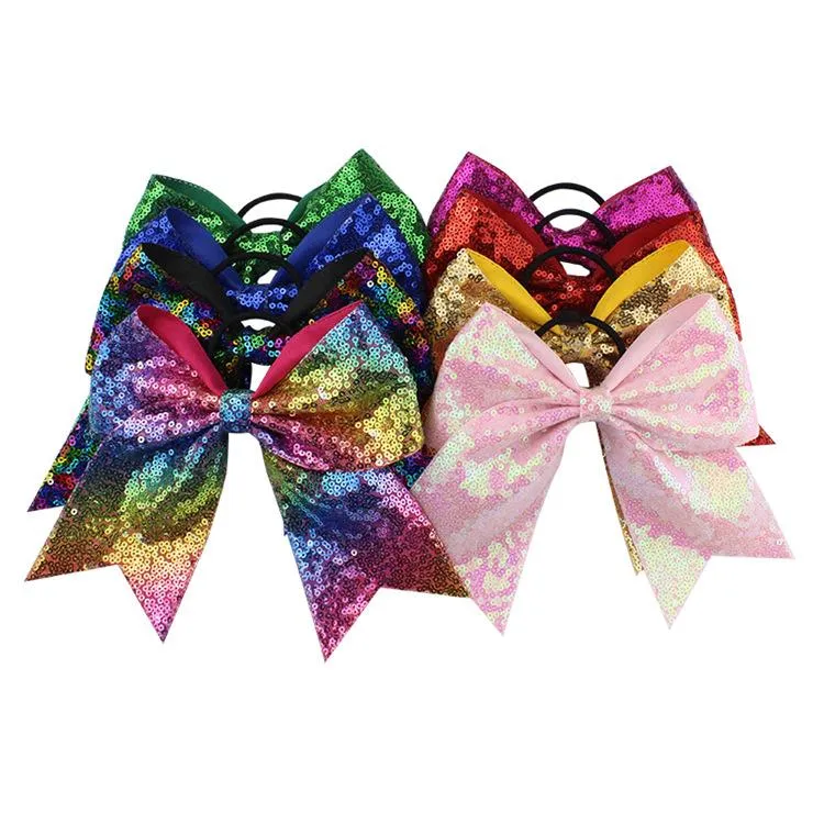 DHL Fast Ship 8 inches Solid Ribbon Cheer Bow för tjejer Boutique Stor Cheerleading Hair Bow Women Lady Sequined