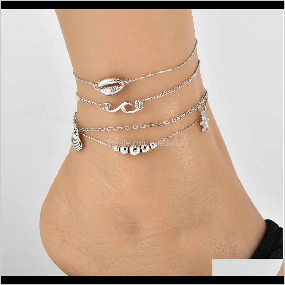 anklet sets 4 layers 3pcs/set alloy seashell starfish sea wave round bead pendant silver plated for women girls foot gift