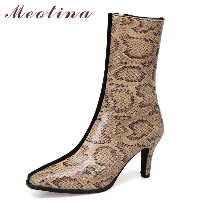 Bottes à mi-veau Femme Chaussures Snake Print High Heel Court Square Toe Toile Stiletto Talons Femme Hiver Abricot 43 210517