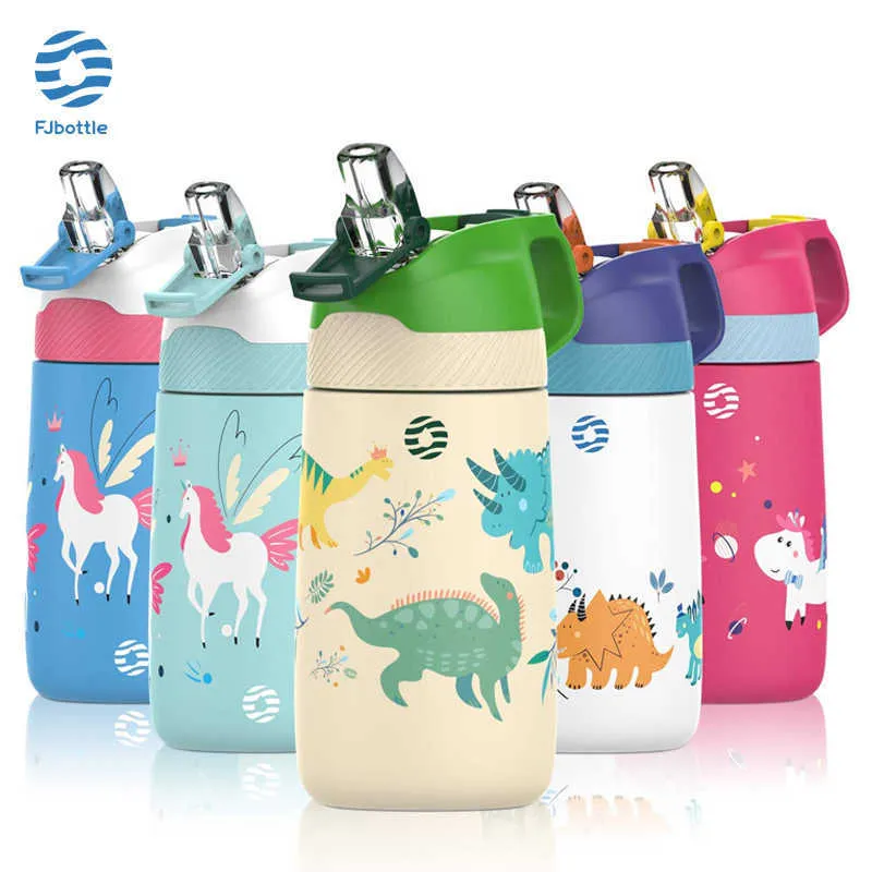 FJBottle Kids Water Bottle, Thermos Flacks med söt dinosaurmönster, dammsugare Hälsosam halm och BPA Gratis 210615