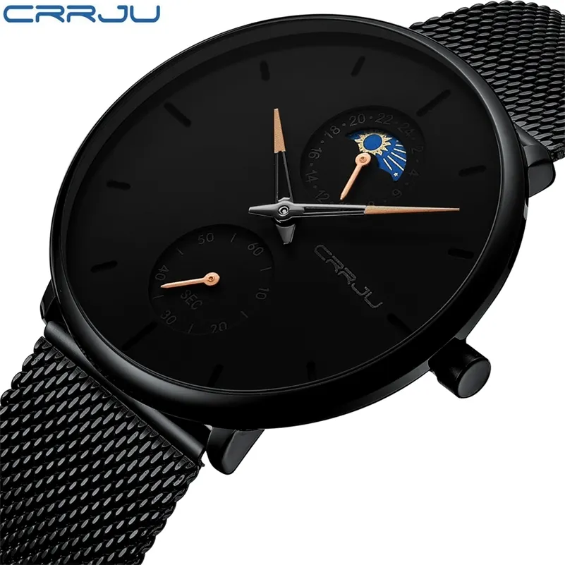 Crrju Black Slim Watch Women Men Watch Luxury Elegant Dress Fashion Watches Unisex Ultra Thin Wristwatch Relojes Para Hombre 210517