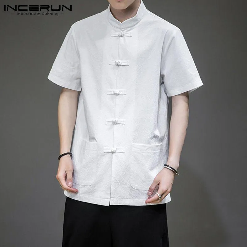 Men's Casual Shirts INCERUN Chinese Style Men Shirt Solid Color Mandarin Collar Cotton Vintage Tang Suit Button Short Sleeve 242k