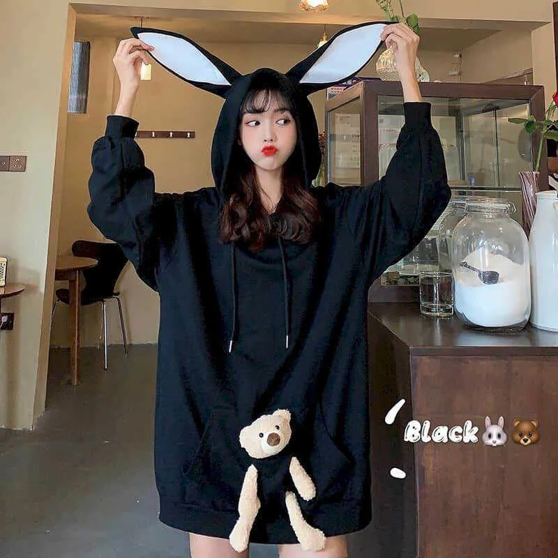 hoodies women Autumn college style design sense cute bear loose mid-length large size hooded long-sleeved sweater 210526