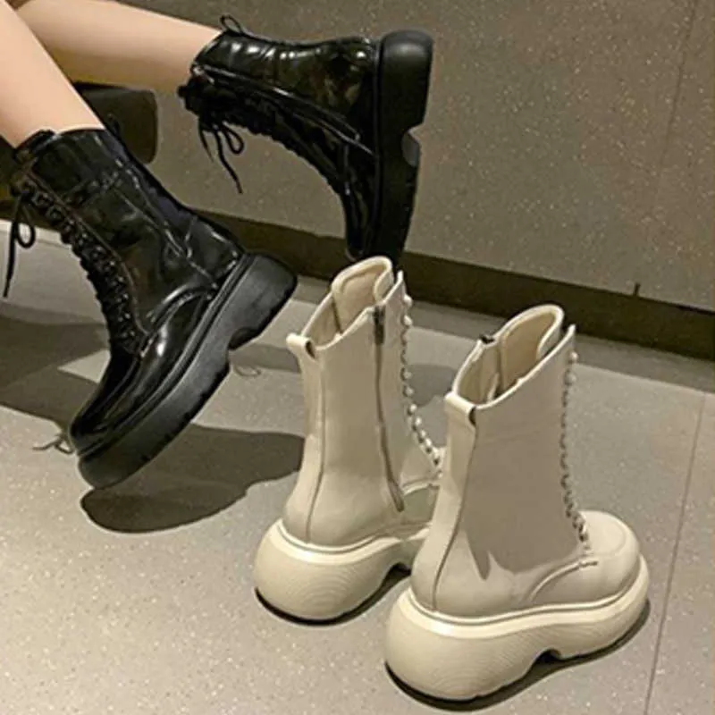 Real Soft Leather Nude Boots Kvinnors Brittiska Stil Höst och Vinter 2021 Nya Casual Kvinnors Skor Korta Stövlar Kvinnor Mode Y0910