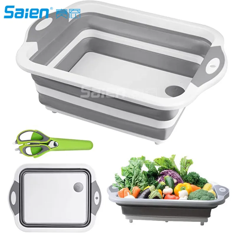 Planche à découper pliable pour évier, éviers en silicone de cuisine de camping portables avec cuisines multifonctions, ciseaux, bac à vaisselle en silicone pour préparation de barbecue/pique-nique