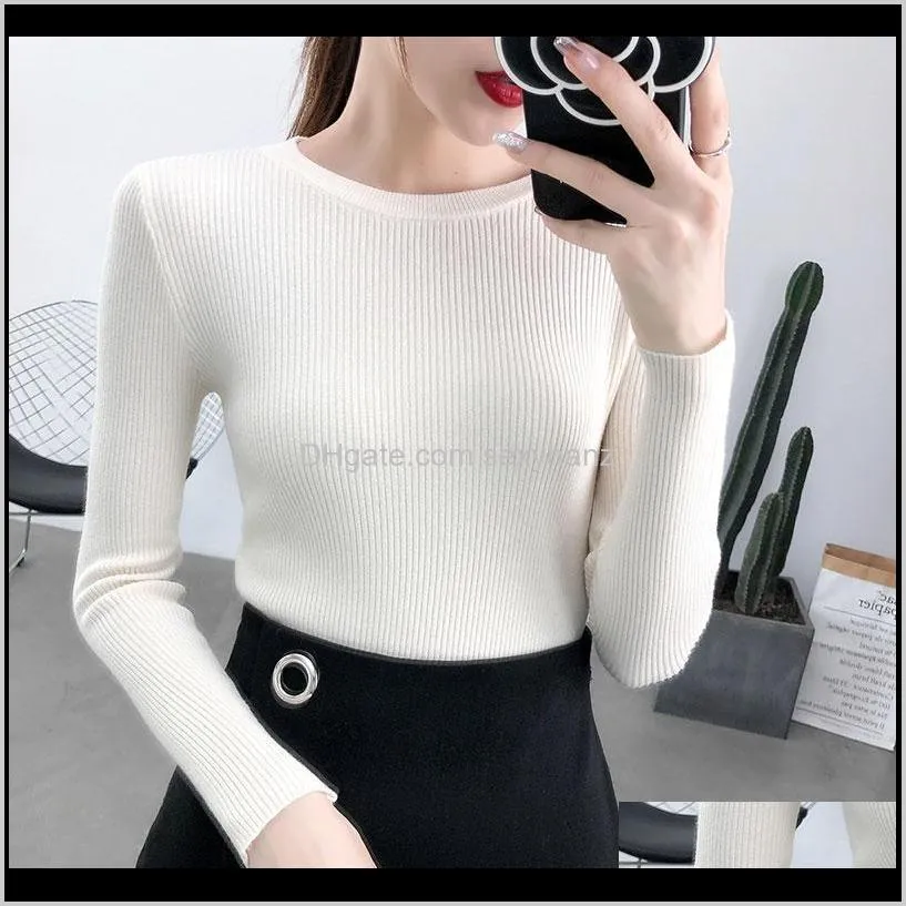 2020 autumn winter women`s pullovers sweater knitted elasticity jumper slim crew neck warm female white black sweaters