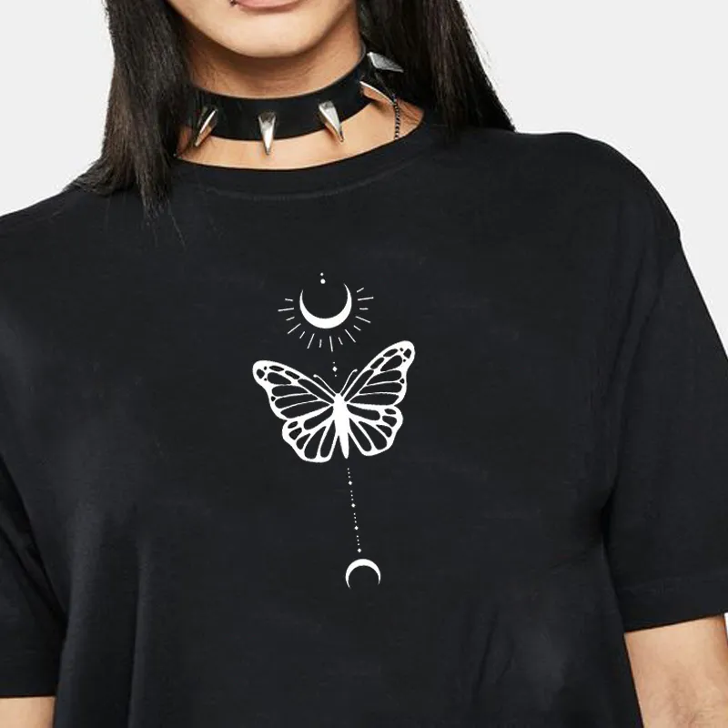 Luna y mariposa camiseta gráfica moda de verano estilo gótico fresco grunge camiseta negra mujeres harajuku hipster vintage top femenino 210518