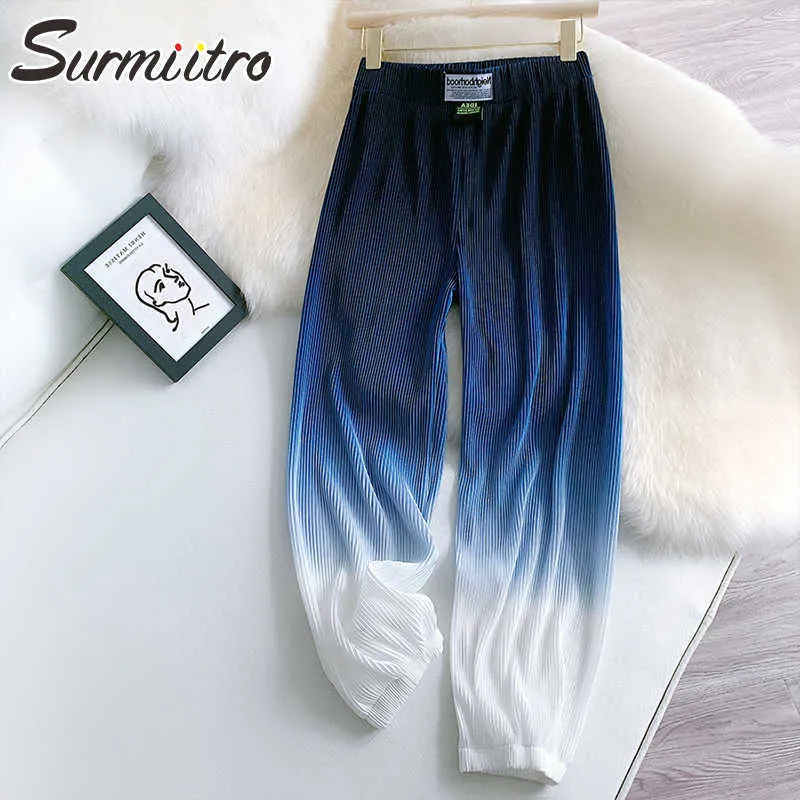 Surmiitro 패션 여름 긴 주름 된 하렘 바지 여성 한국어 스타일 블루 블랙 그라데이션 하이 허리 발목 바지 여성 210712