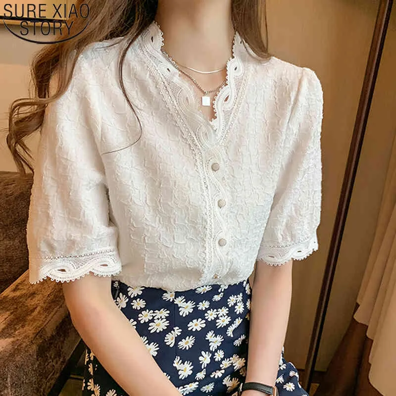 Summer Lace with Button Cardigan Tops Casual Puff Short Sleeve White V-Collar Chiffon Blouse Blusas Mujer De Moda 10051 210417