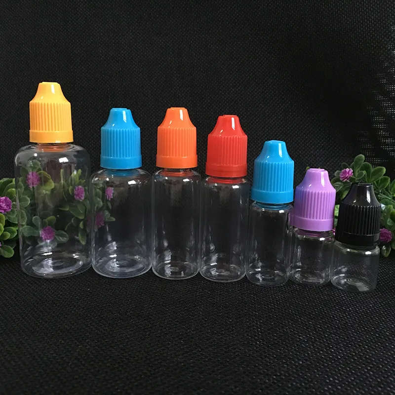 Plastdroppsflaskor 3 ml 5 ml 10 ml 15 ml 20 ml 30 ml 50 ml 100 ml E cig vätskeklar behållare med färgglad barnsäker lock